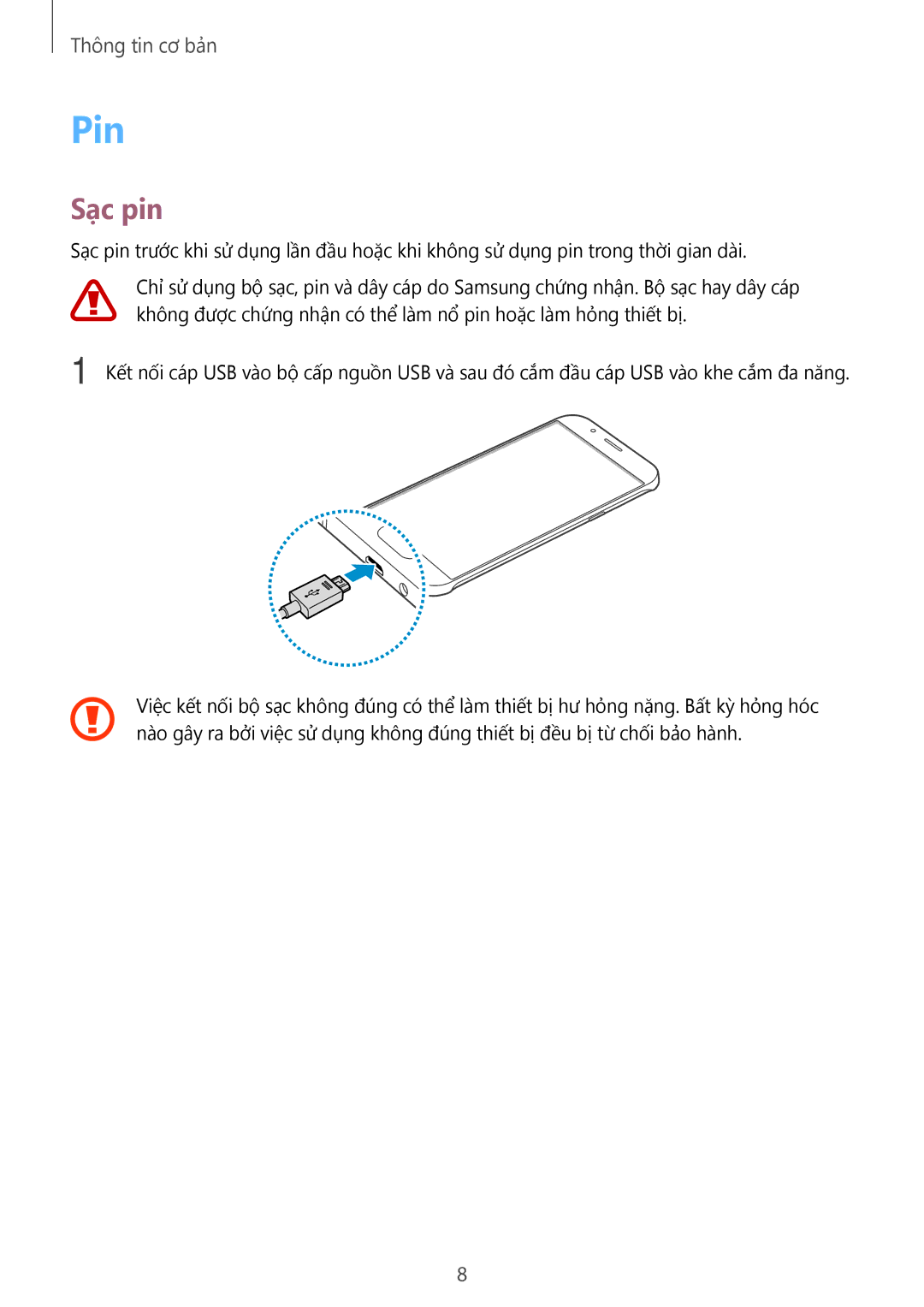 Samsung SM-A800FZDEXXV, SM-A800FZWEXXV manual Pin, Sạc pin 