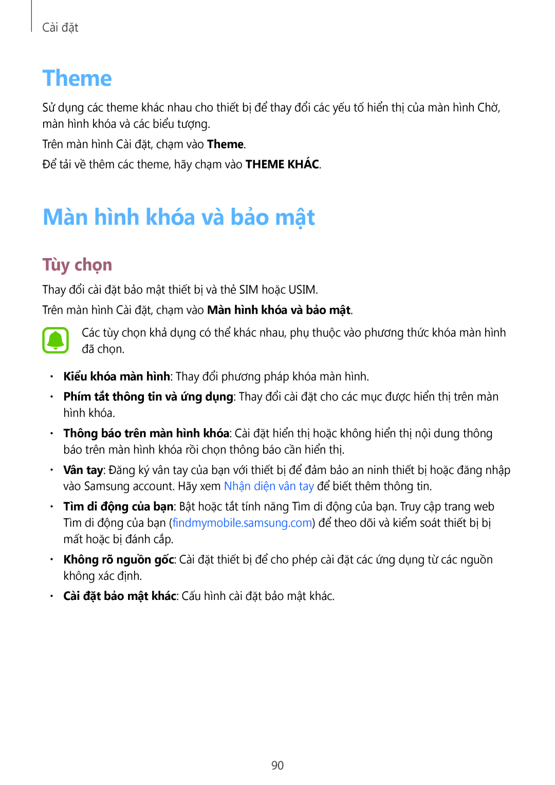 Samsung SM-A800FZDEXXV, SM-A800FZWEXXV manual Theme, Màn hình khóa và bảo mật 