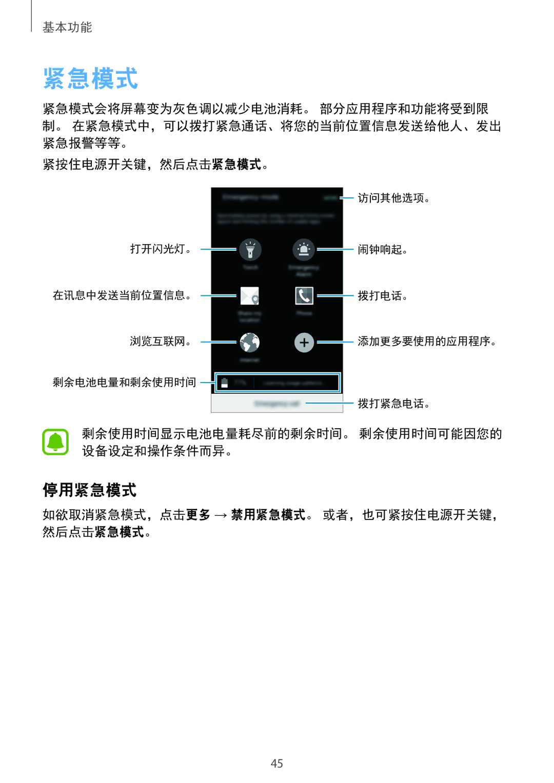 Samsung SM-A800FZWEXXV, SM-A800FZDEXXV 停用紧急模式, 紧按住电源开关键，然后点击紧急模式。, 如欲取消紧急模式，点击更多 → 禁用紧急模式。 或者，也可紧按住电源开关键， 然后点击紧急模式。 