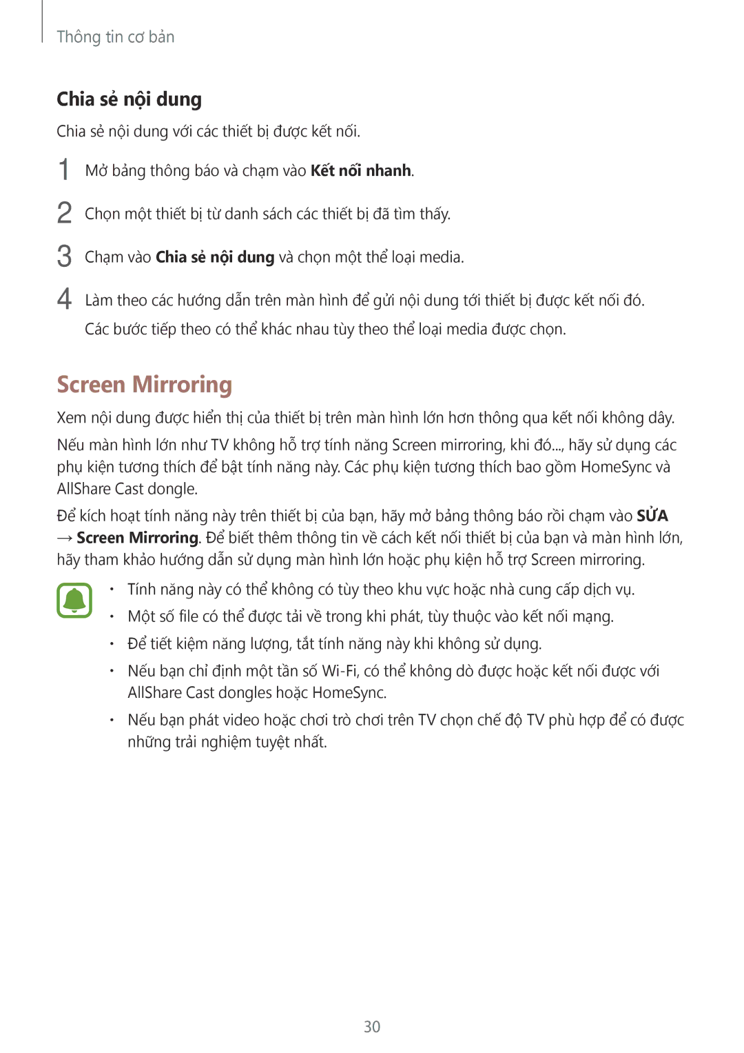 Samsung SM-A800FZDEXXV, SM-A800FZWEXXV manual Screen Mirroring, Chia sẻ nội dung 