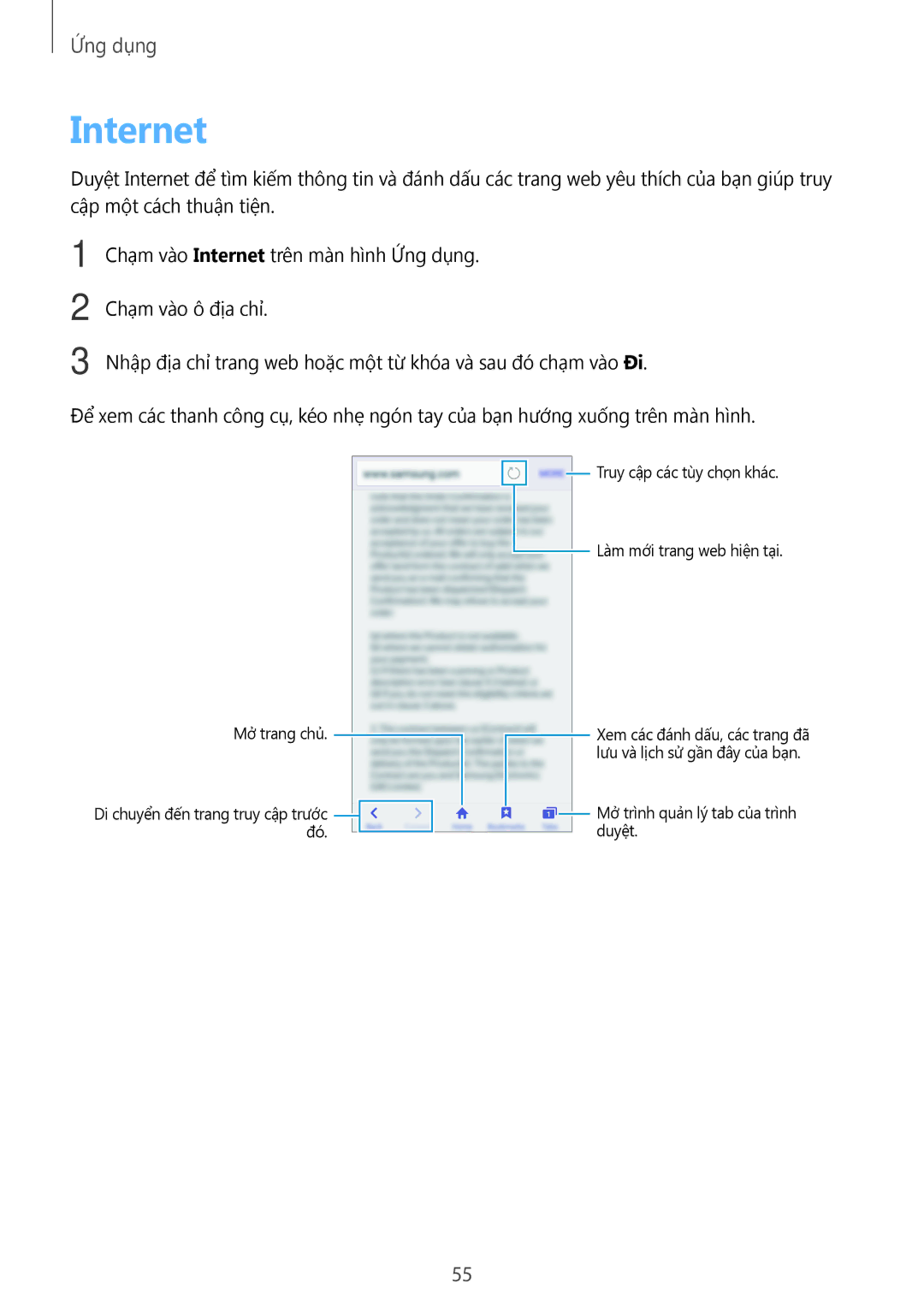 Samsung SM-A800FZWEXXV, SM-A800FZDEXXV manual Internet, Mở trang chủ 