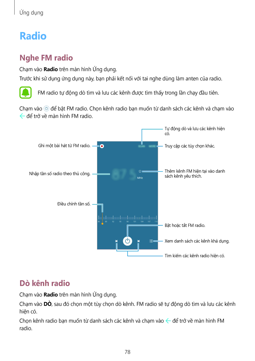 Samsung SM-A800FZDEXXV, SM-A800FZWEXXV manual Radio, Nghe FM radio, Dò kênh radio 