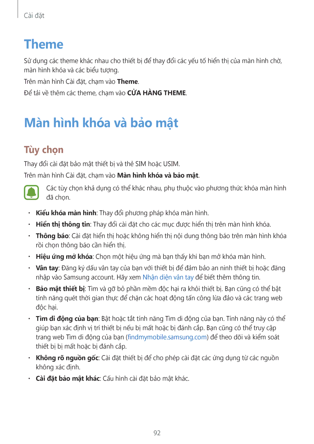 Samsung SM-A800FZDEXXV, SM-A800FZWEXXV manual Theme, Màn hình khóa và bảo mật 