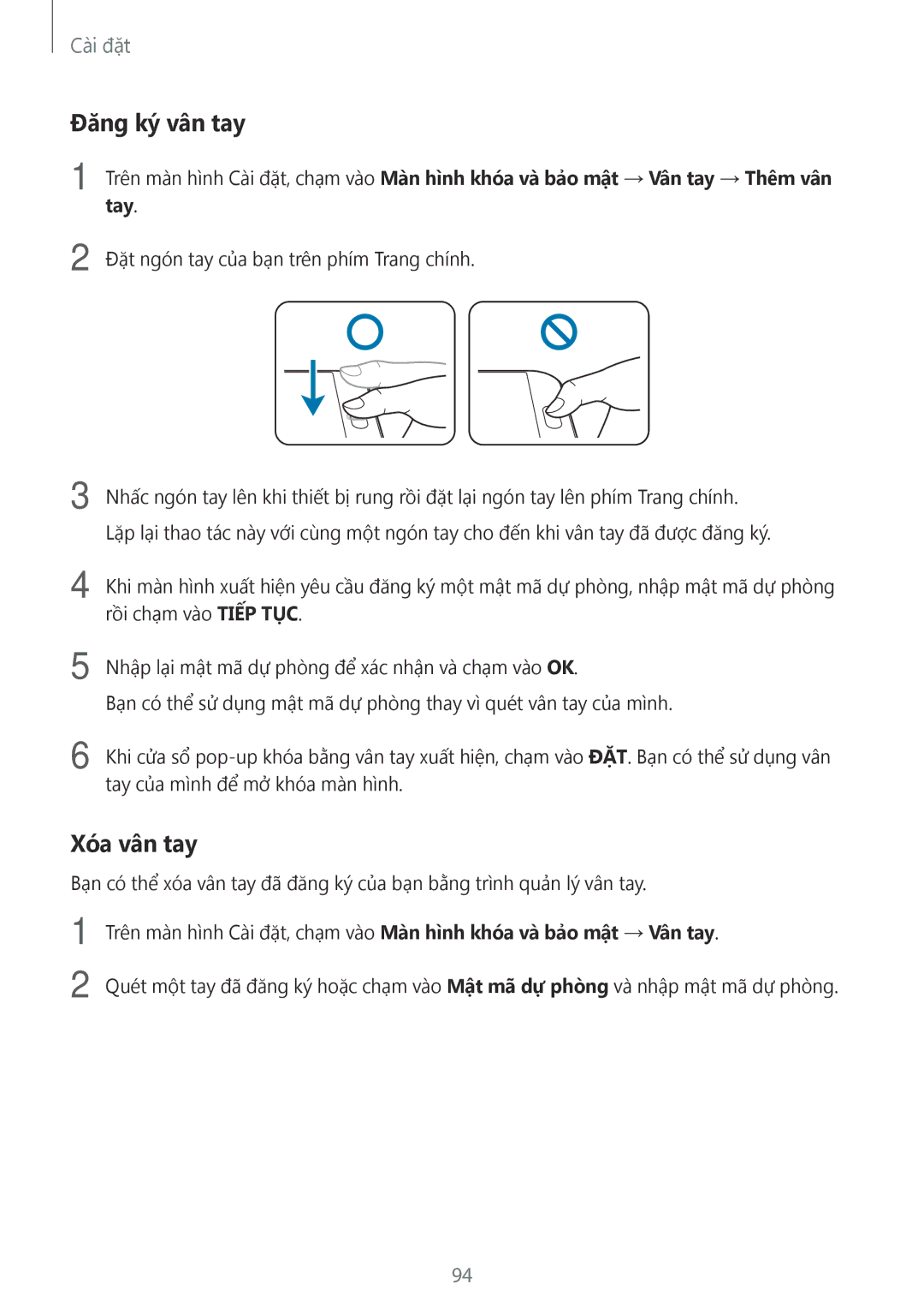 Samsung SM-A800FZDEXXV, SM-A800FZWEXXV manual Đăng ký vân tay, Xóa vân tay 