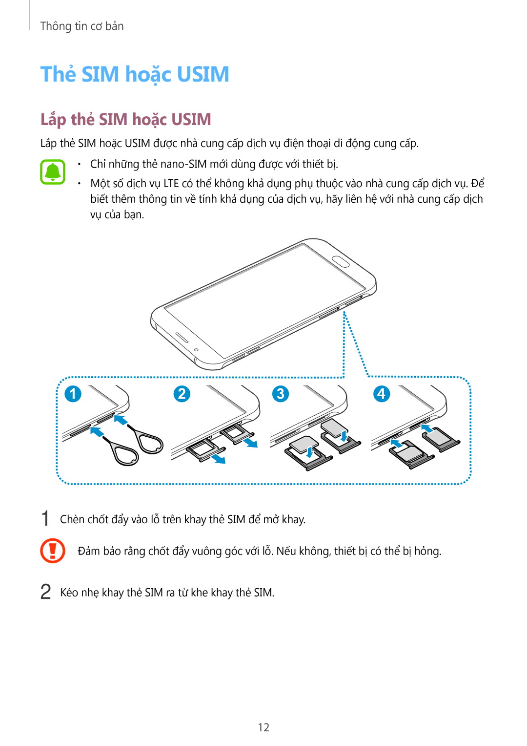 Samsung SM-A800IZKEXXV, SM-A800IZDEXXV, SM-A800IZWEXXV manual Thẻ SIM hoặc Usim, Lắp thẻ SIM hoặc Usim 