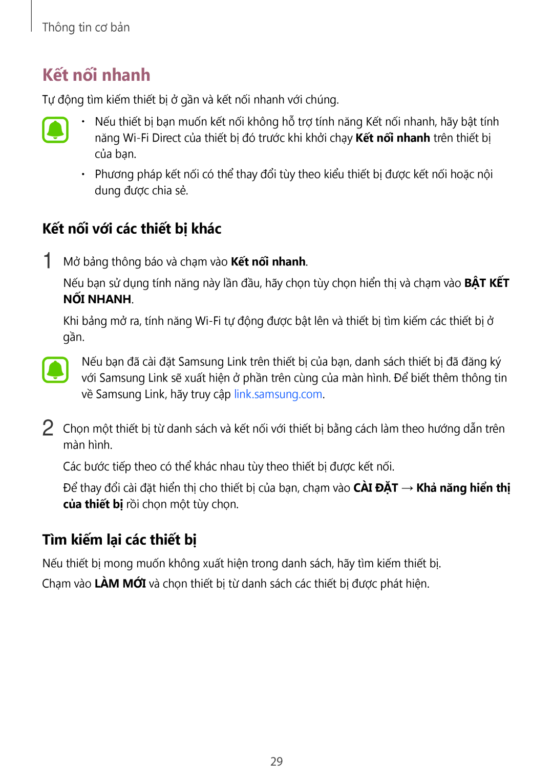Samsung SM-A800IZWEXXV, SM-A800IZKEXXV manual Kết nối nhanh, Kết nối với các thiết bị khác, Tìm kiếm lại các thiết bị 