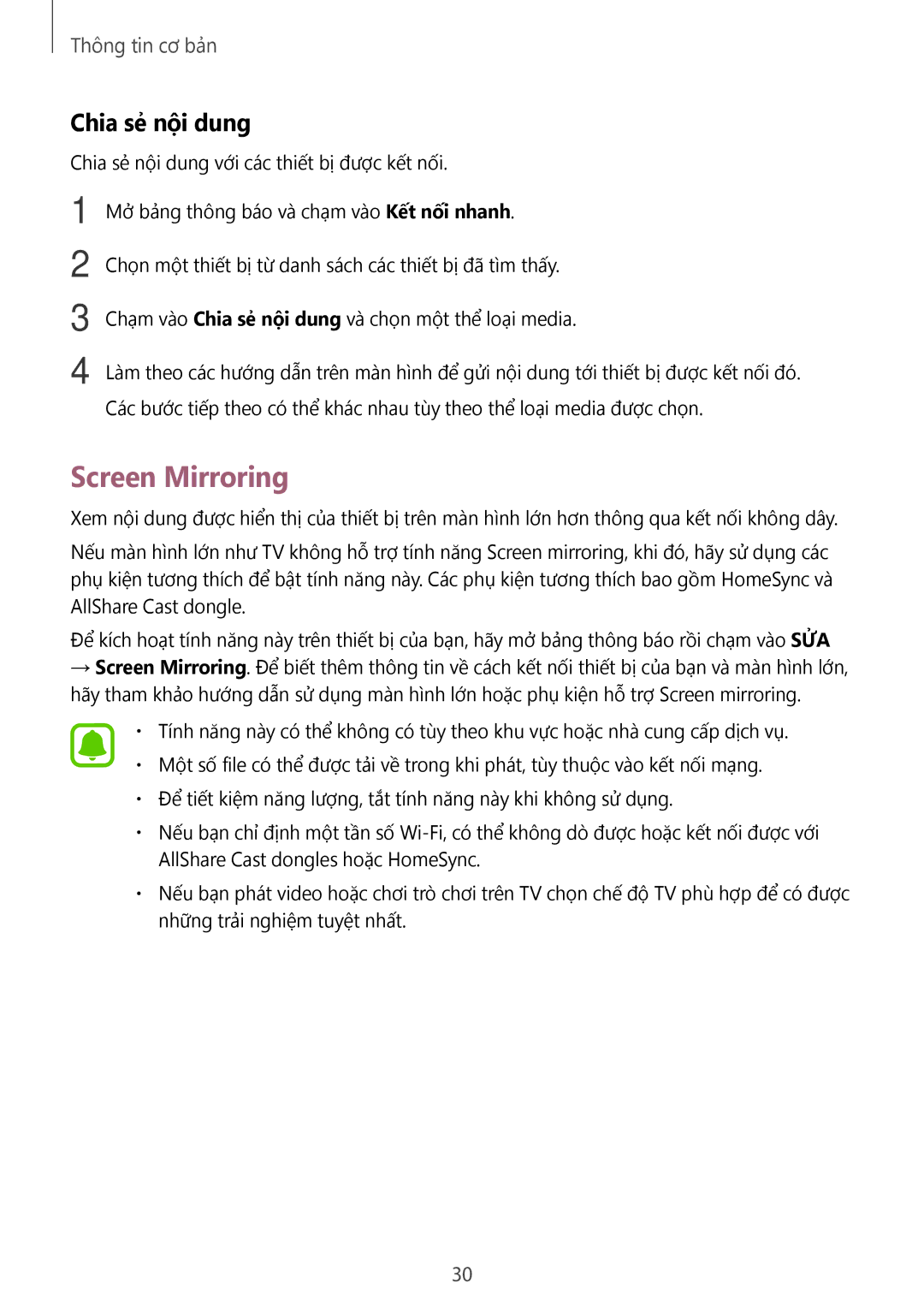 Samsung SM-A800IZKEXXV, SM-A800IZDEXXV, SM-A800IZWEXXV manual Screen Mirroring, Chia sẻ nội dung 