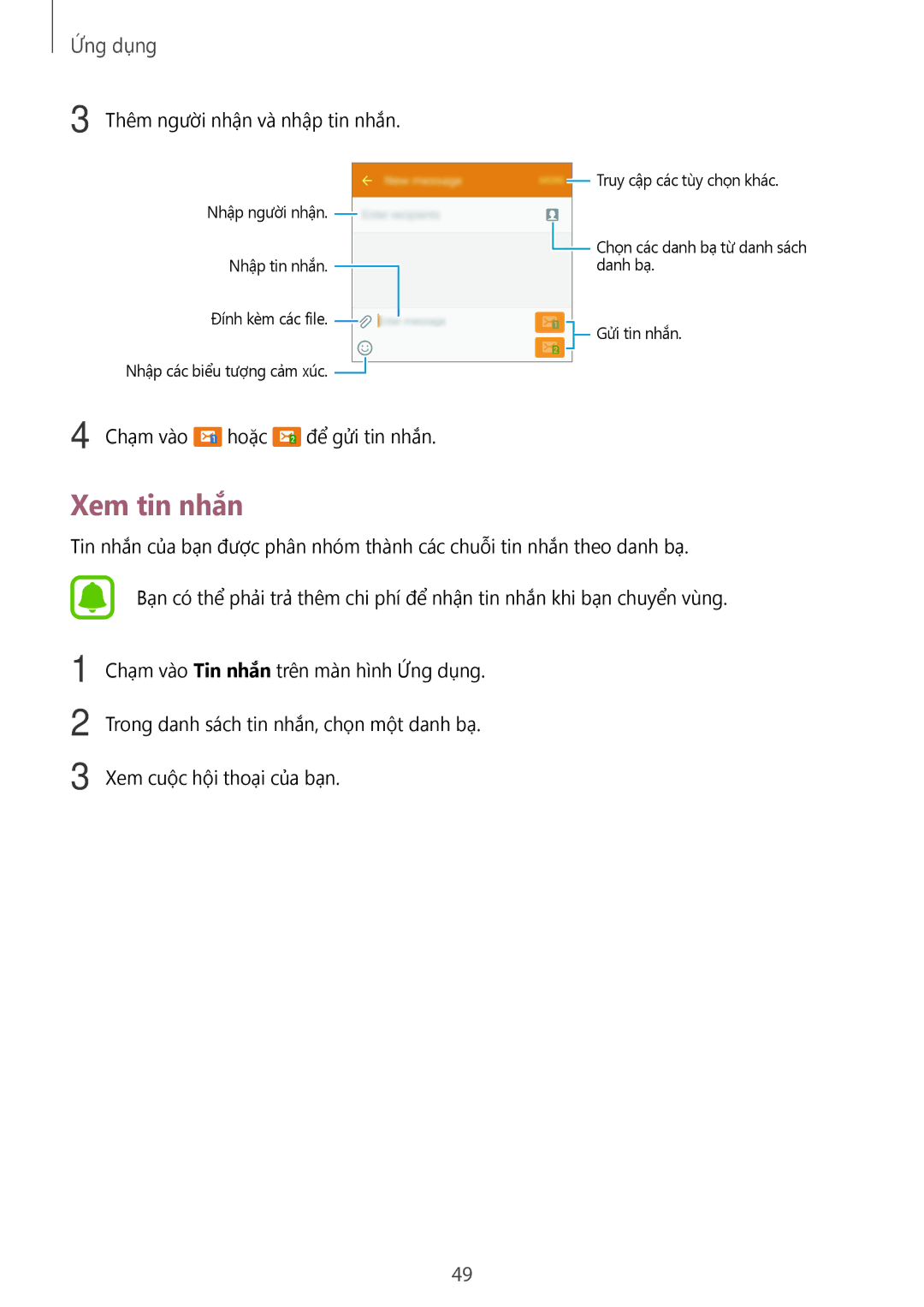 Samsung SM-A800IZDEXXV, SM-A800IZKEXXV, SM-A800IZWEXXV manual Xem tin nhắn, Thêm người nhận và nhập tin nhắn 