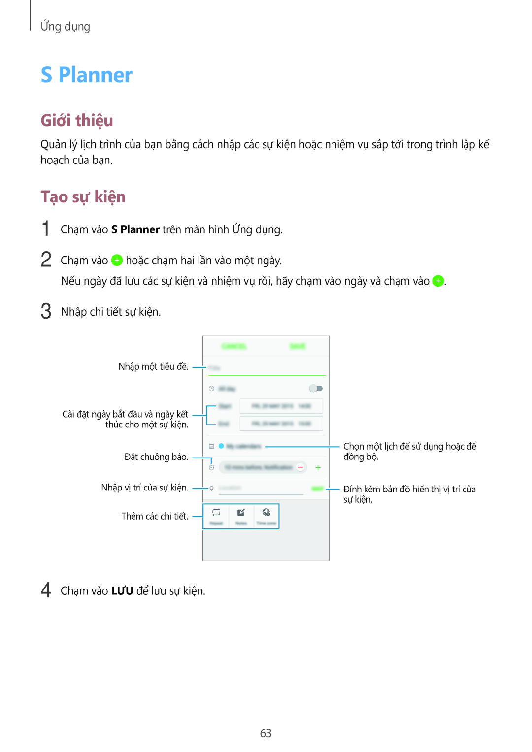 Samsung SM-A800IZKEXXV, SM-A800IZDEXXV, SM-A800IZWEXXV manual Planner, Tạo sự kiện 