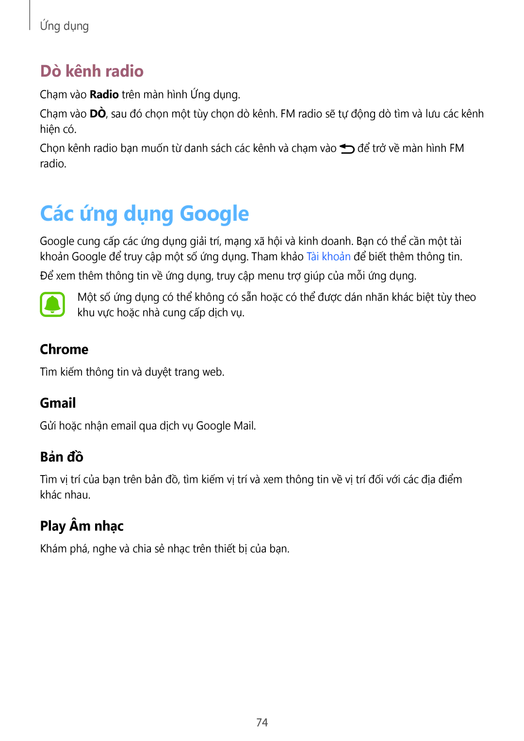 Samsung SM-A800IZWEXXV, SM-A800IZKEXXV, SM-A800IZDEXXV manual Các ứng dụng Google, Dò kênh radio 