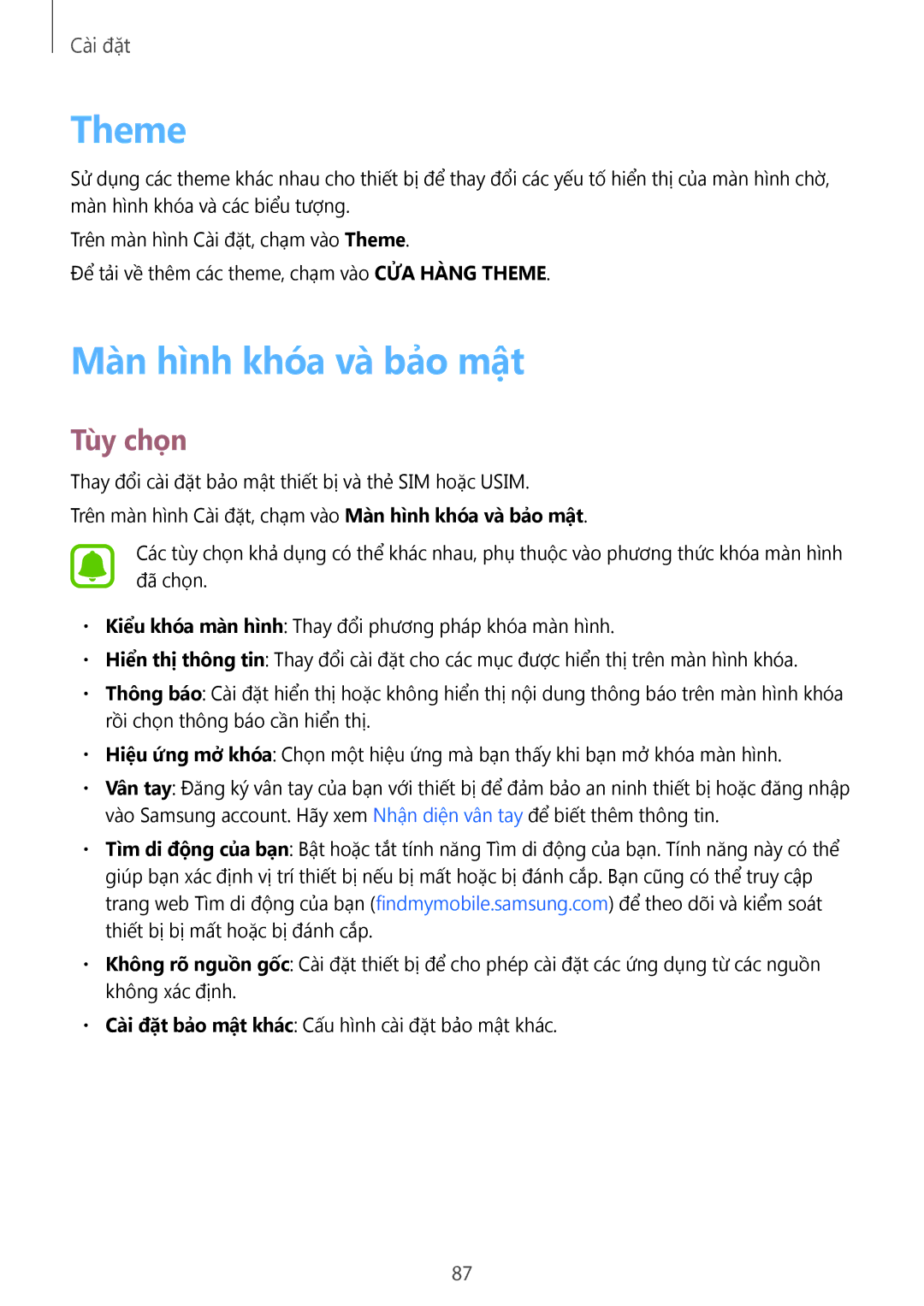Samsung SM-A800IZKEXXV, SM-A800IZDEXXV, SM-A800IZWEXXV manual Theme, Màn hình khóa và bảo mật 