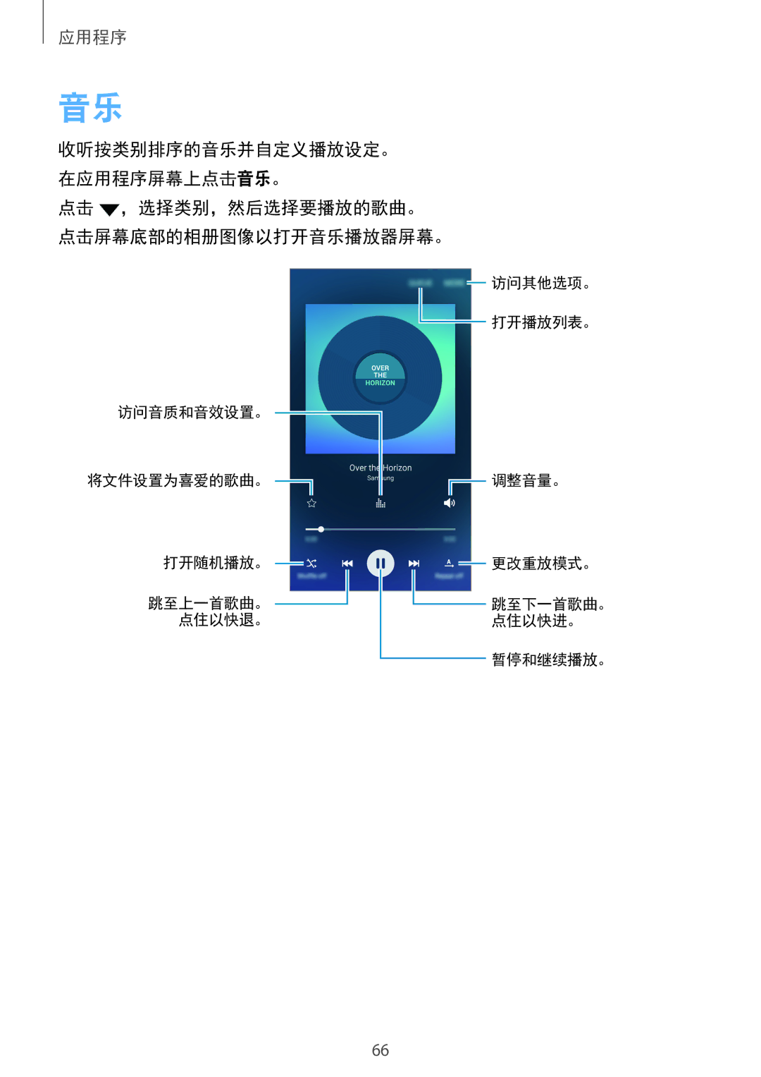 Samsung SM-A800IZKEXXV, SM-A800IZDEXXV, SM-A800IZWEXXV manual 点击 ，选择类别，然后选择要播放的歌曲。 点击屏幕底部的相册图像以打开音乐播放器屏幕。 