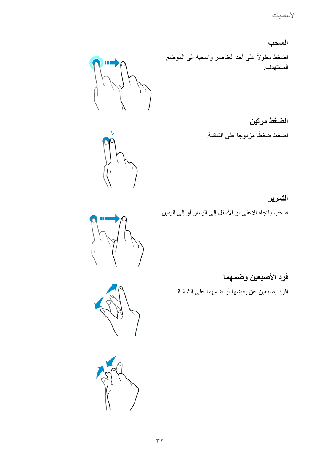 Samsung SM-A810FZBDKSA, SM-A810FZSDKSA, SM-A810FZDDKSA manual بحسلا, نيترم طغضلا, ريرمتلا, امهمضو نيعبصلأا درف 