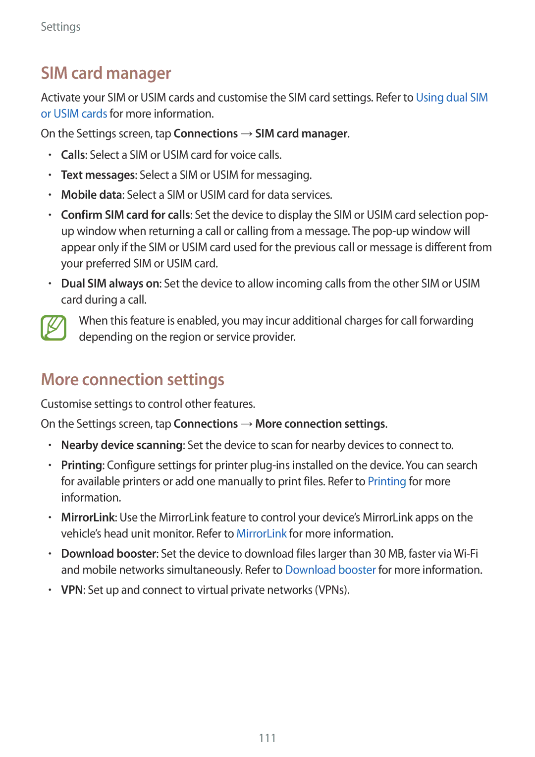 Samsung SM-A810FZSDKSA, SM-A810FZDDKSA, SM-A810FZBDKSA manual SIM card manager, More connection settings 