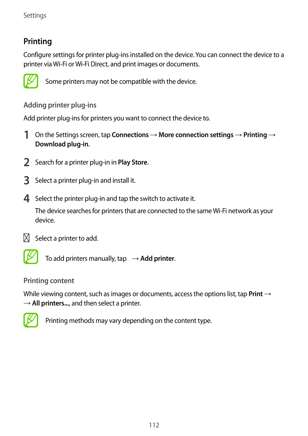 Samsung SM-A810FZDDKSA, SM-A810FZSDKSA, SM-A810FZBDKSA manual Adding printer plug-ins, Printing content 