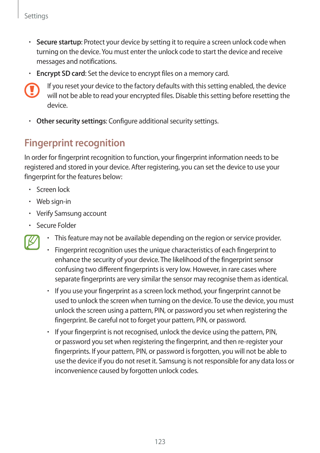 Samsung SM-A810FZSDKSA, SM-A810FZDDKSA, SM-A810FZBDKSA manual Fingerprint recognition 