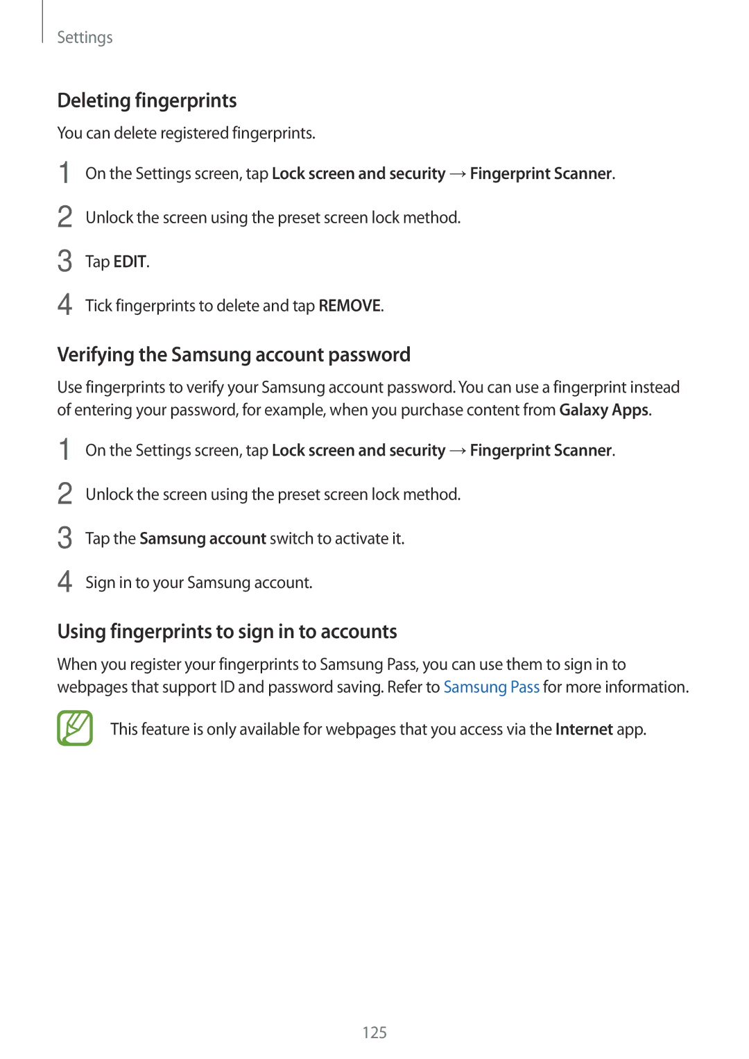 Samsung SM-A810FZBDKSA, SM-A810FZSDKSA, SM-A810FZDDKSA manual Deleting fingerprints, Verifying the Samsung account password 