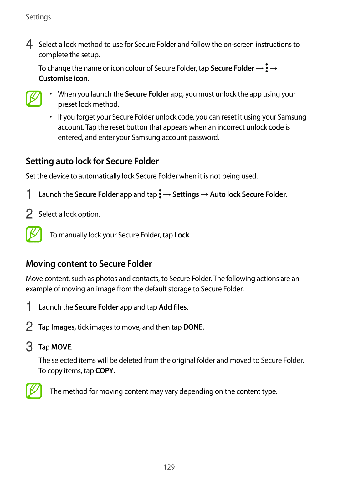 Samsung SM-A810FZSDKSA, SM-A810FZDDKSA, SM-A810FZBDKSA Setting auto lock for Secure Folder, Moving content to Secure Folder 