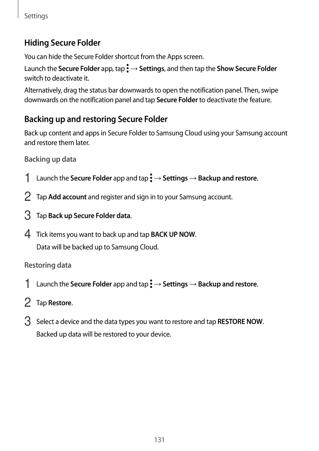 Samsung SM-A810FZBDKSA manual Hiding Secure Folder, Backing up and restoring Secure Folder, Backing up data, Restoring data 