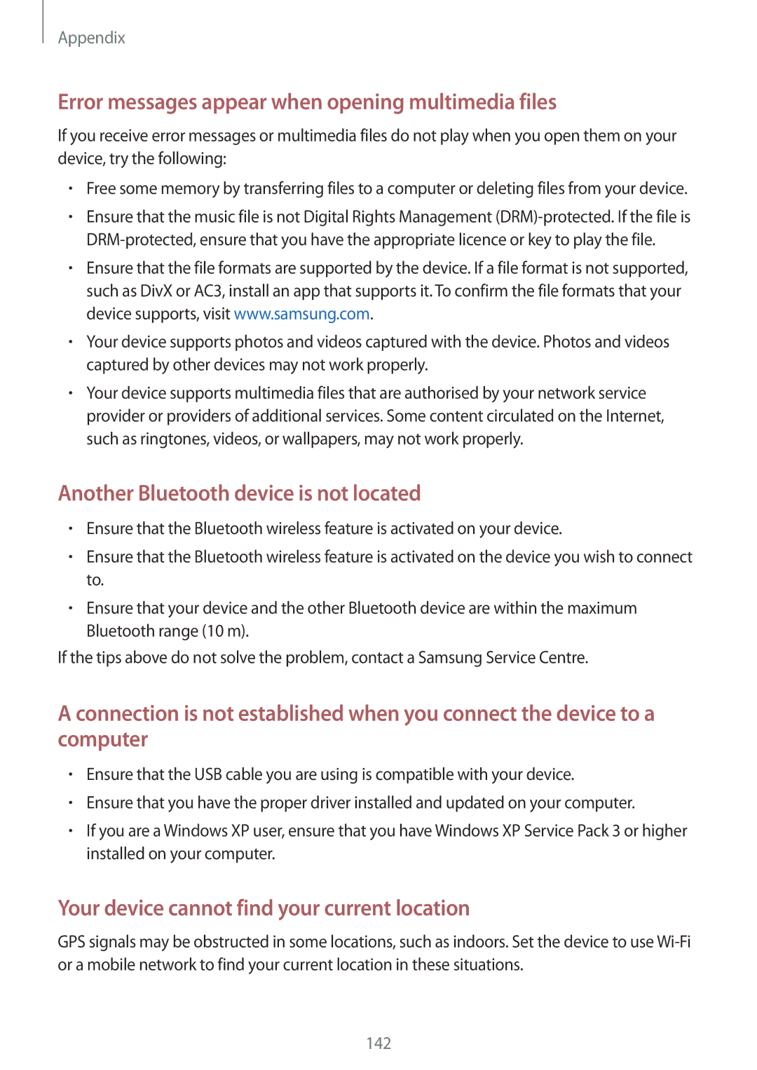 Samsung SM-A810FZDDKSA, SM-A810FZSDKSA, SM-A810FZBDKSA manual Error messages appear when opening multimedia files 