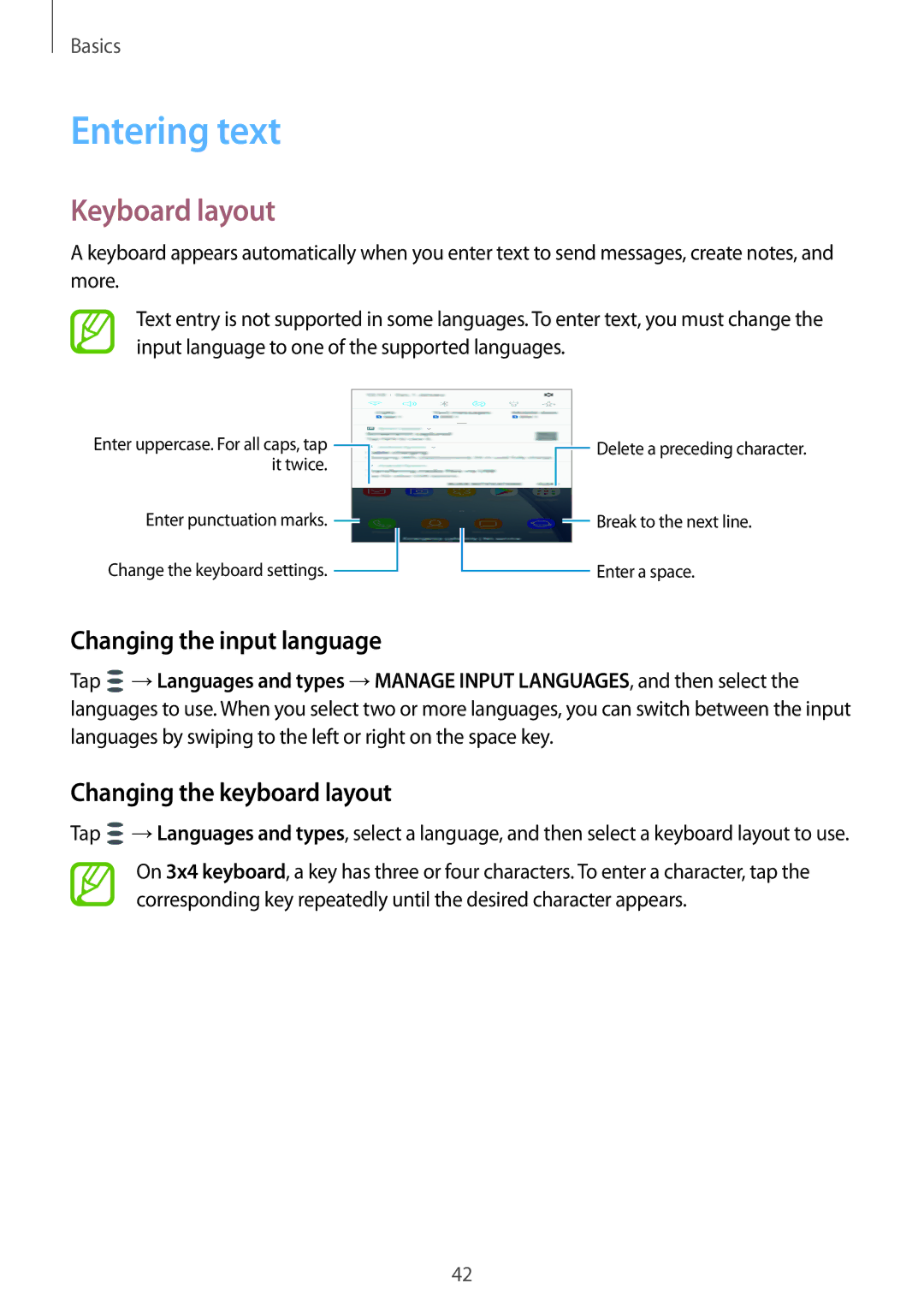 Samsung SM-A810FZSDKSA manual Entering text, Keyboard layout, Changing the input language, Changing the keyboard layout 