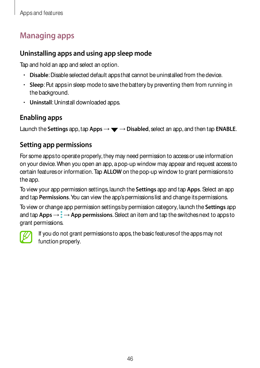 Samsung SM-A810FZDDKSA Managing apps, Uninstalling apps and using app sleep mode, Enabling apps, Setting app permissions 