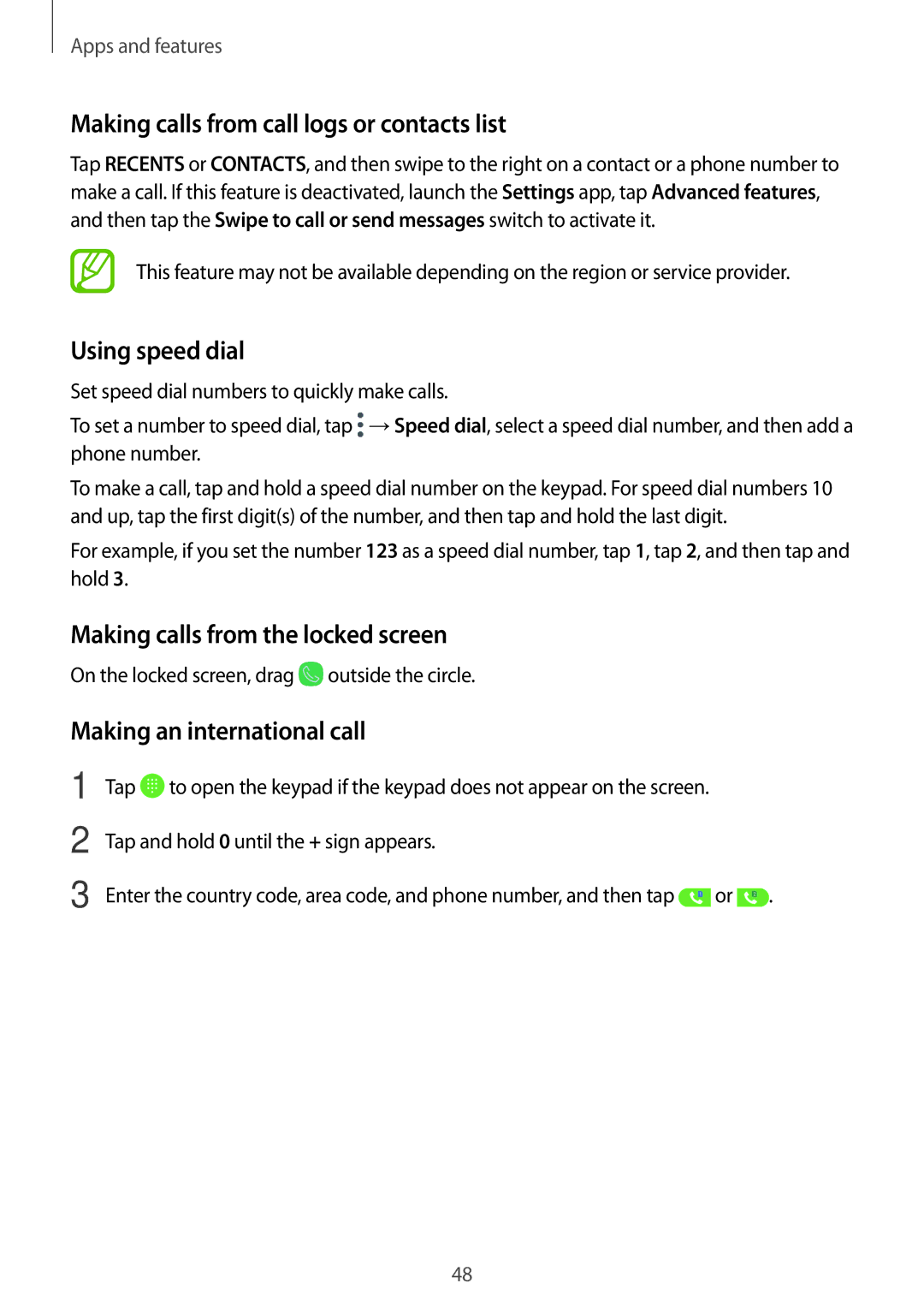 Samsung SM-A810FZSDKSA Making calls from call logs or contacts list, Using speed dial, Making calls from the locked screen 