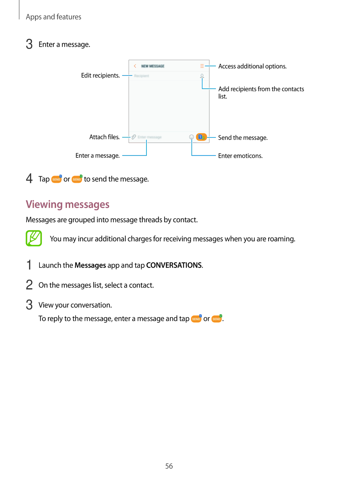 Samsung SM-A810FZBDKSA, SM-A810FZSDKSA, SM-A810FZDDKSA manual Viewing messages, Enter a message 