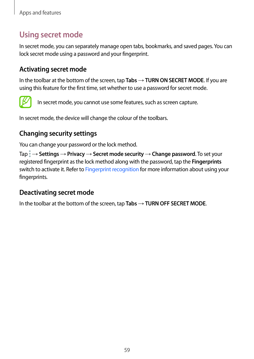 Samsung SM-A810FZBDKSA Using secret mode, Activating secret mode, Changing security settings, Deactivating secret mode 