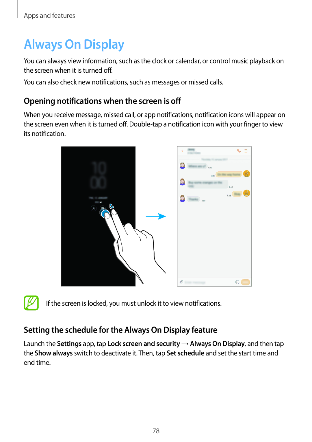 Samsung SM-A810FZSDKSA, SM-A810FZDDKSA, SM-A810FZBDKSA manual Always On Display, Opening notifications when the screen is off 