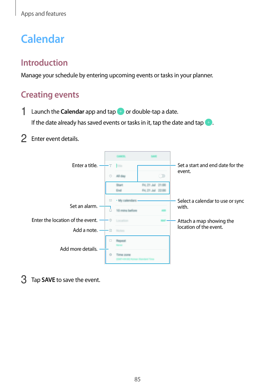 Samsung SM-A810FZDDKSA, SM-A810FZSDKSA, SM-A810FZBDKSA manual Calendar, Creating events 