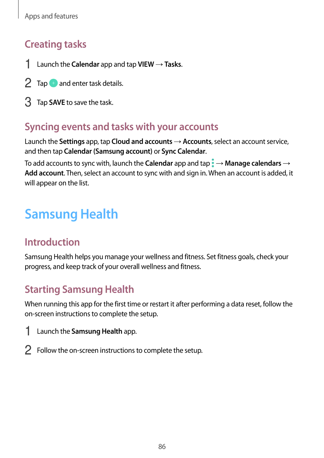 Samsung SM-A810FZBDKSA, SM-A810FZSDKSA manual Samsung Health, Creating tasks, Syncing events and tasks with your accounts 