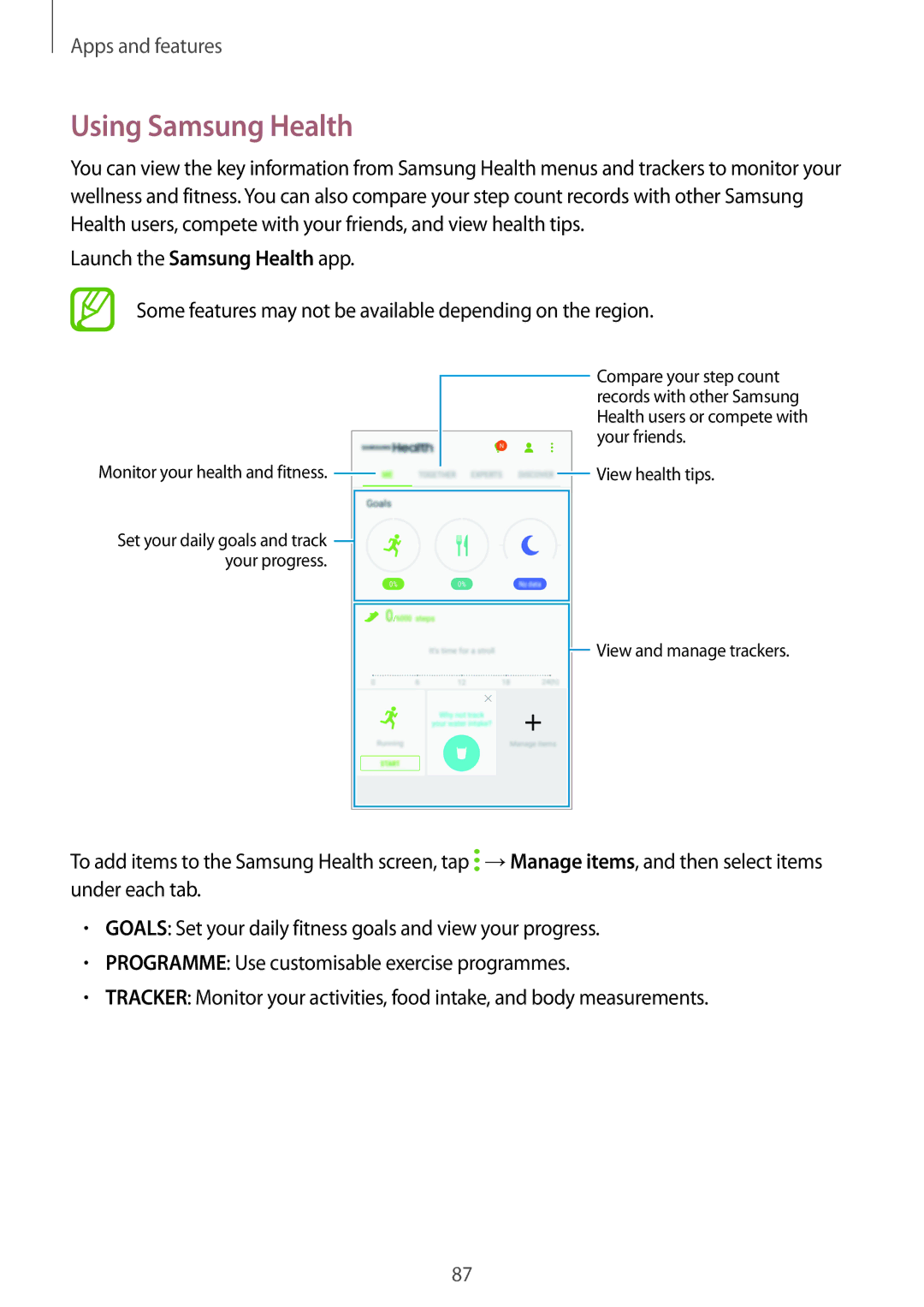 Samsung SM-A810FZSDKSA, SM-A810FZDDKSA, SM-A810FZBDKSA manual Using Samsung Health 