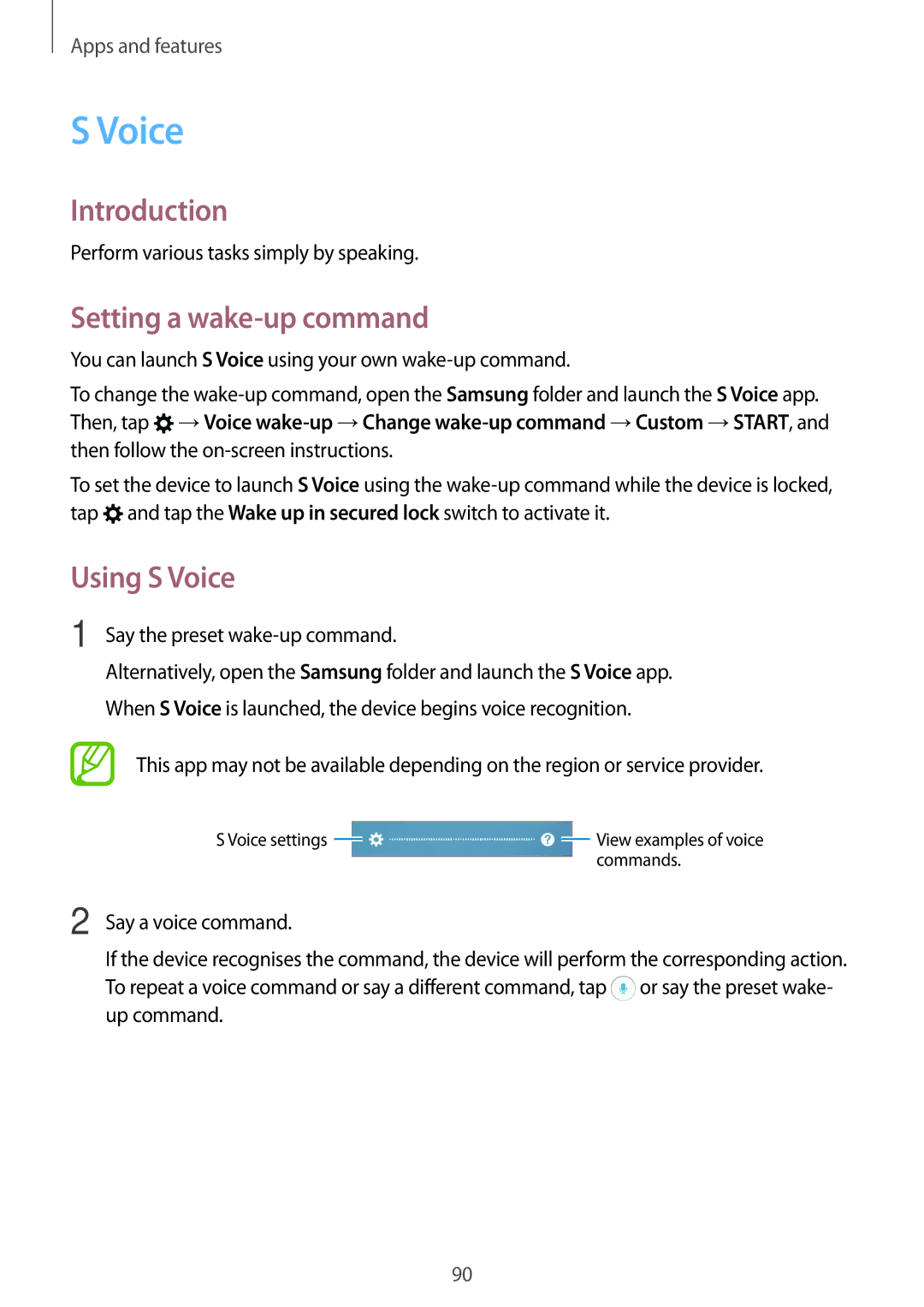 Samsung SM-A810FZSDKSA, SM-A810FZDDKSA, SM-A810FZBDKSA manual Setting a wake-up command, Using S Voice 