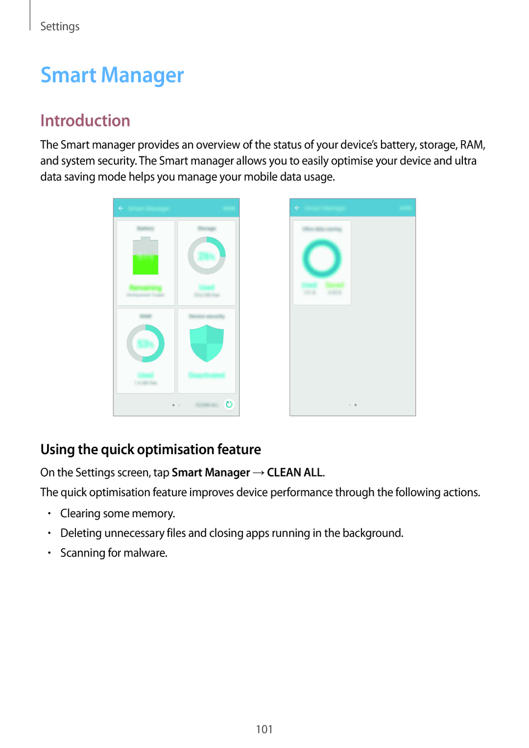 Samsung SM-A910FZDDXXV manual Smart Manager, Using the quick optimisation feature 