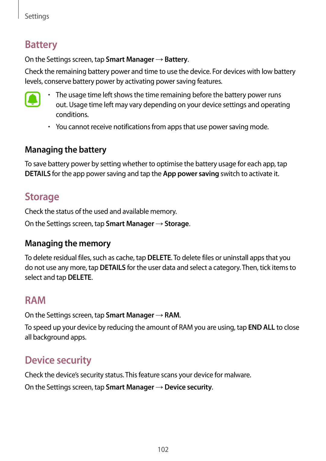 Samsung SM-A910FZDDXXV manual Battery, Storage, Device security, Managing the battery, Managing the memory 