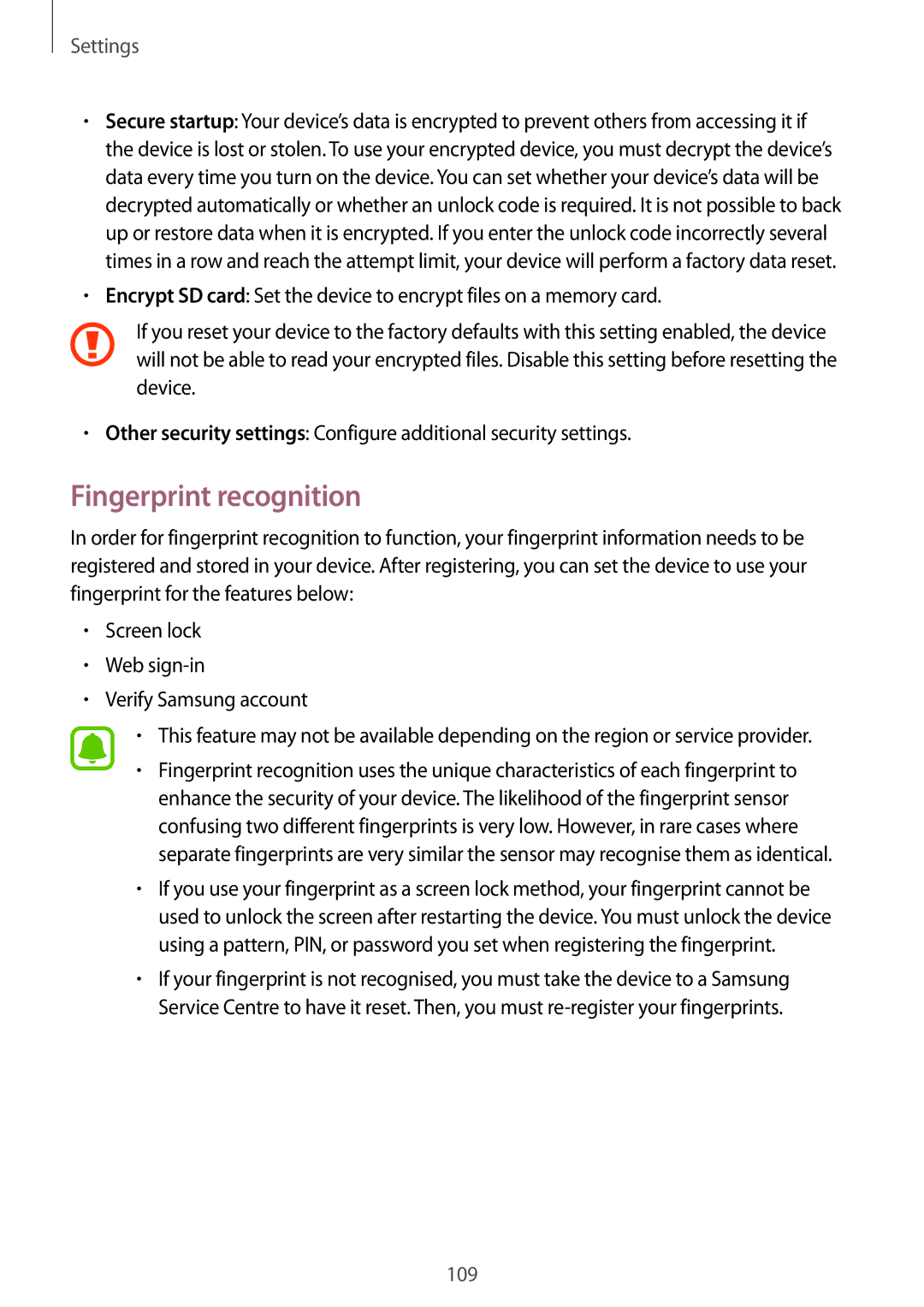 Samsung SM-A910FZDDXXV manual Fingerprint recognition 