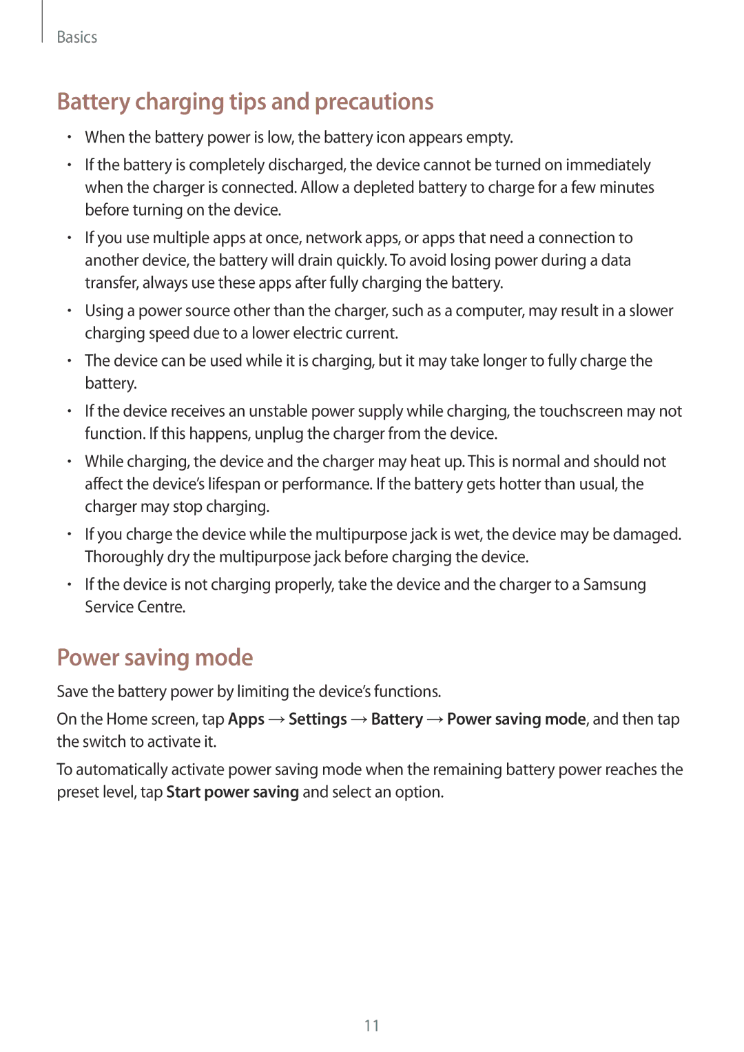 Samsung SM-A910FZDDXXV manual Battery charging tips and precautions, Power saving mode 