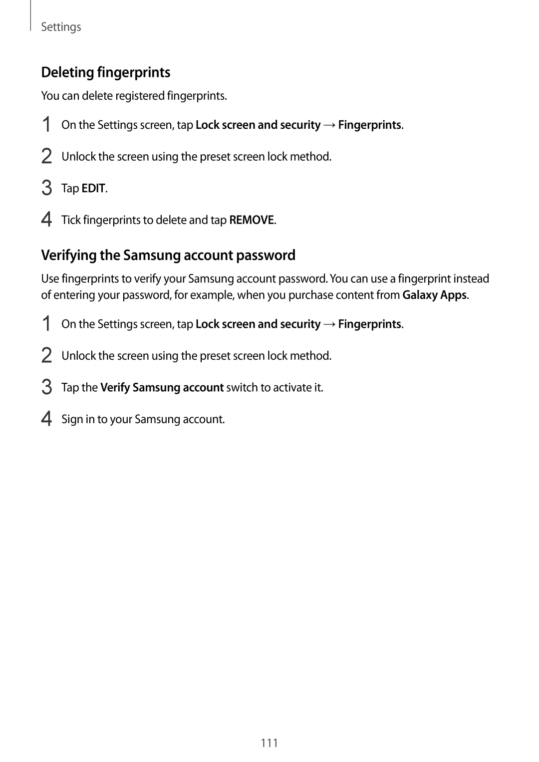 Samsung SM-A910FZDDXXV manual Deleting fingerprints, Verifying the Samsung account password 