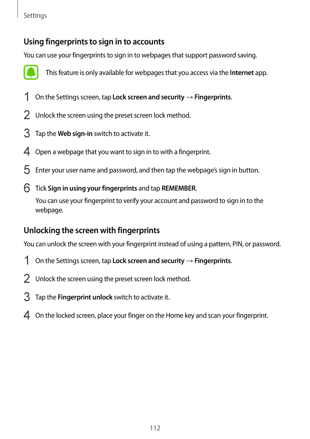 Samsung SM-A910FZDDXXV manual Using fingerprints to sign in to accounts, Unlocking the screen with fingerprints 