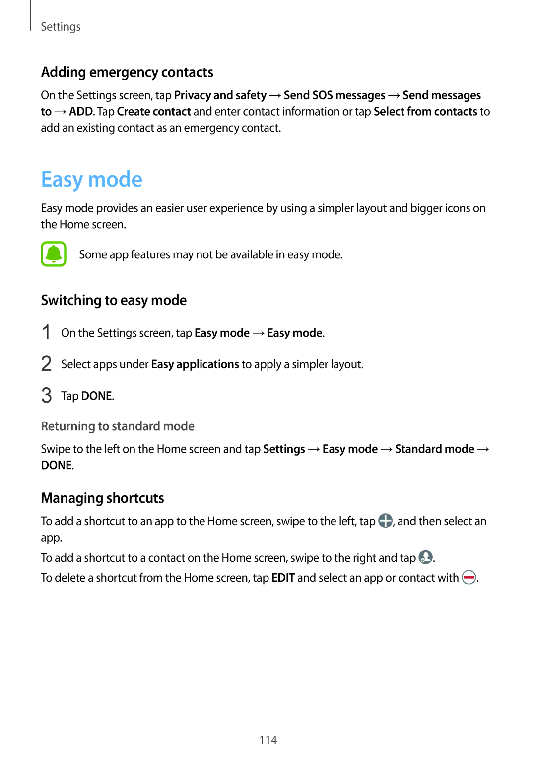 Samsung SM-A910FZDDXXV manual Easy mode, Adding emergency contacts, Switching to easy mode, Managing shortcuts 