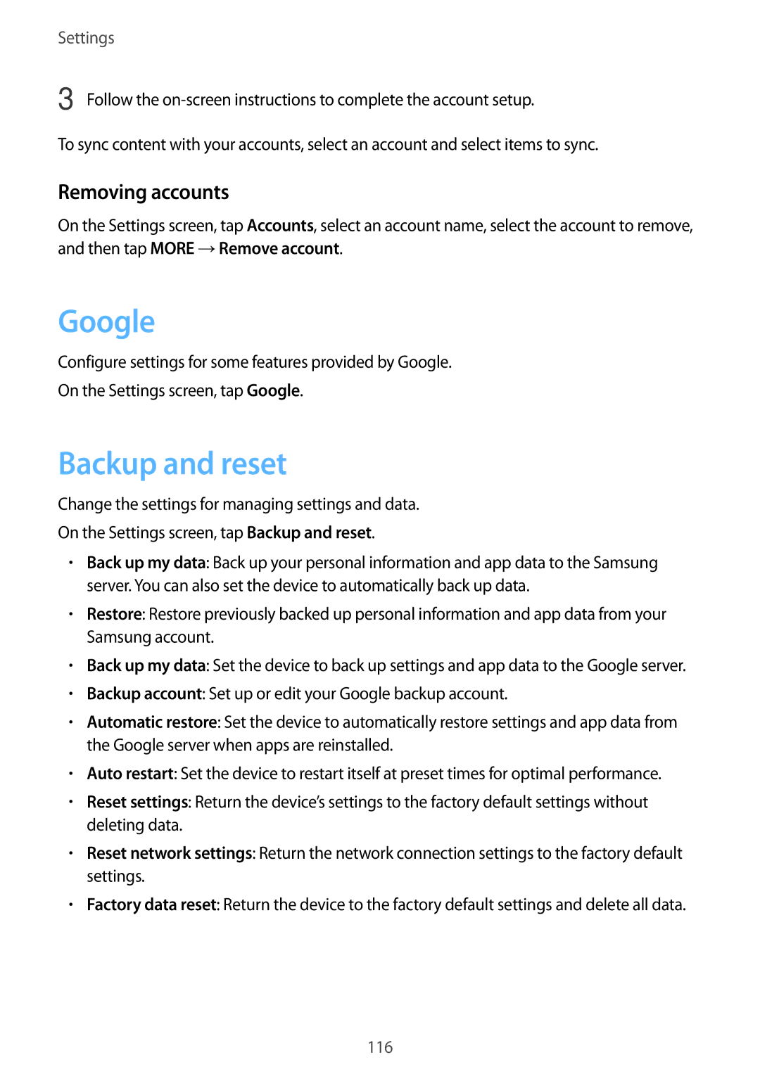 Samsung SM-A910FZDDXXV manual Google, Backup and reset, Removing accounts 