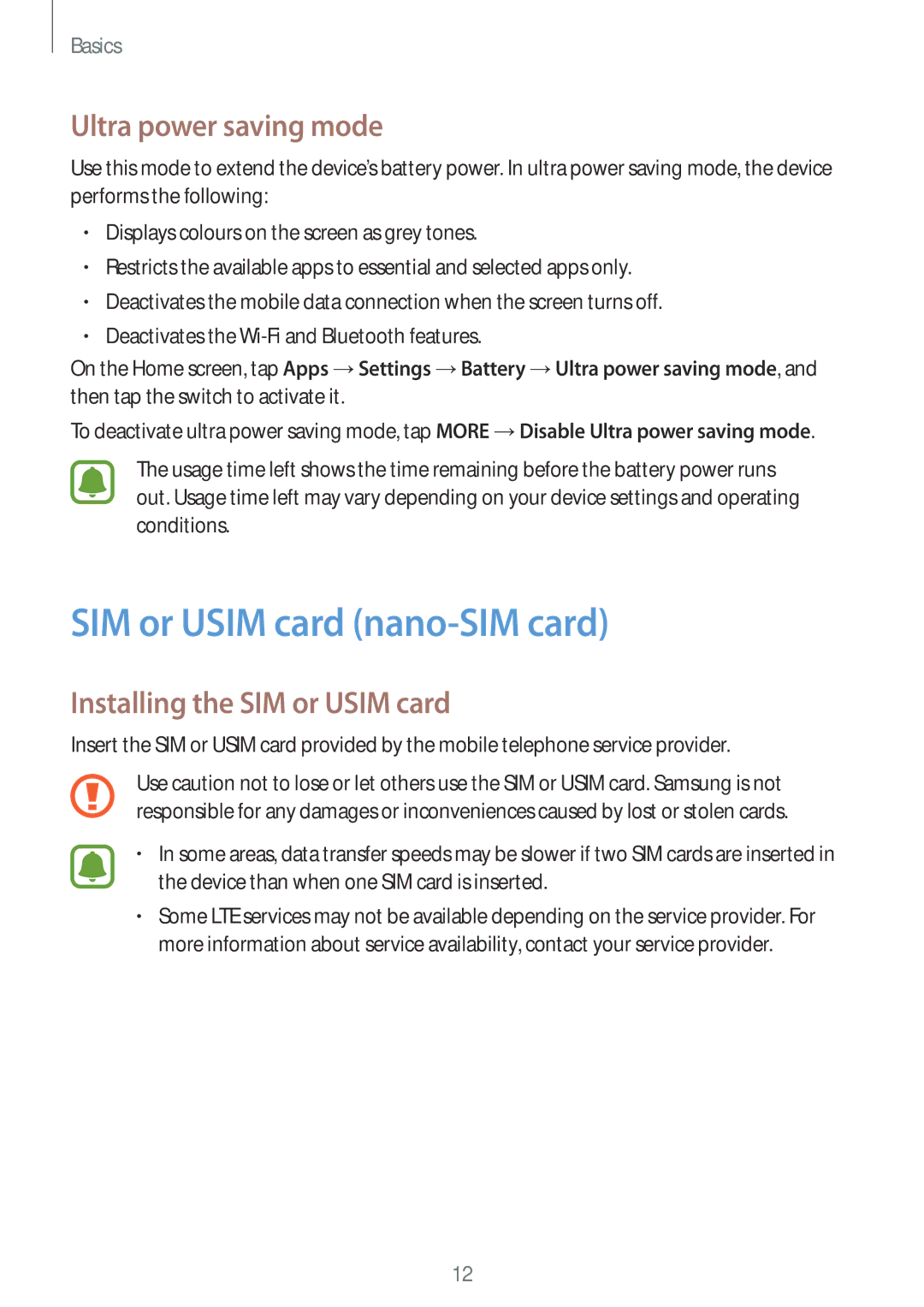 Samsung SM-A910FZDDXXV manual SIM or Usim card nano-SIM card, Ultra power saving mode, Installing the SIM or Usim card 