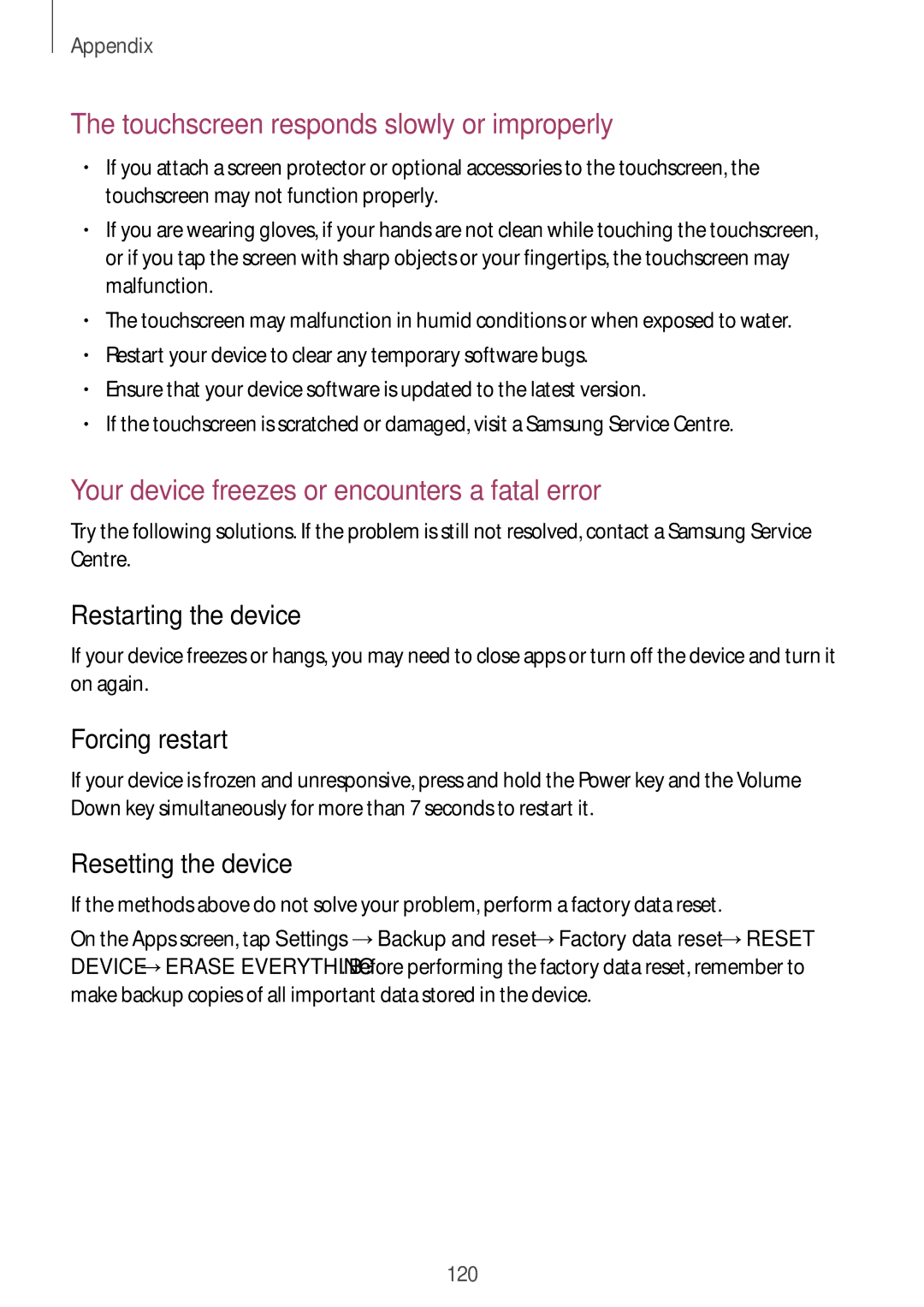 Samsung SM-A910FZDDXXV manual Forcing restart, Resetting the device 