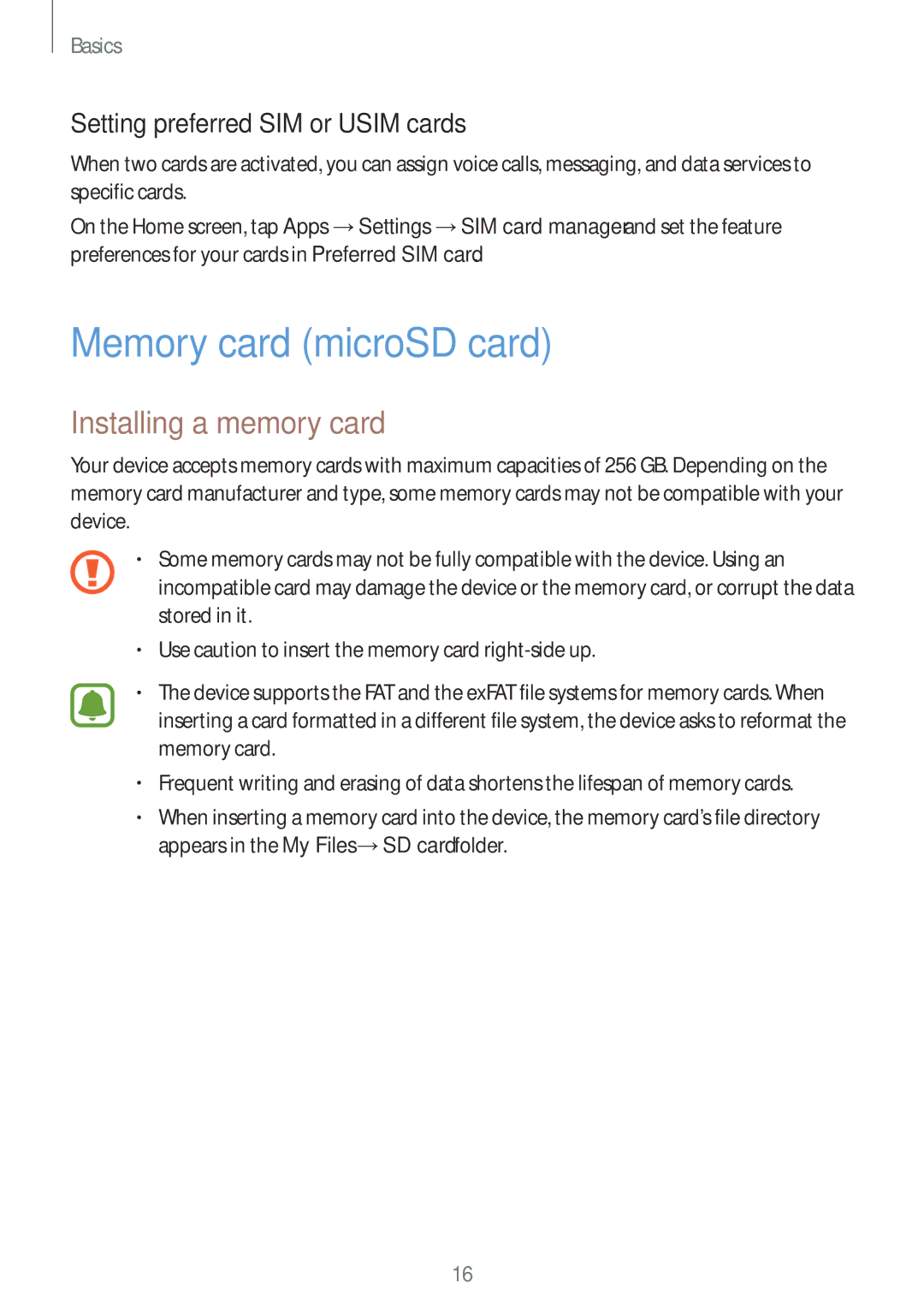 Samsung SM-A910FZDDXXV manual Memory card microSD card, Installing a memory card, Setting preferred SIM or Usim cards 