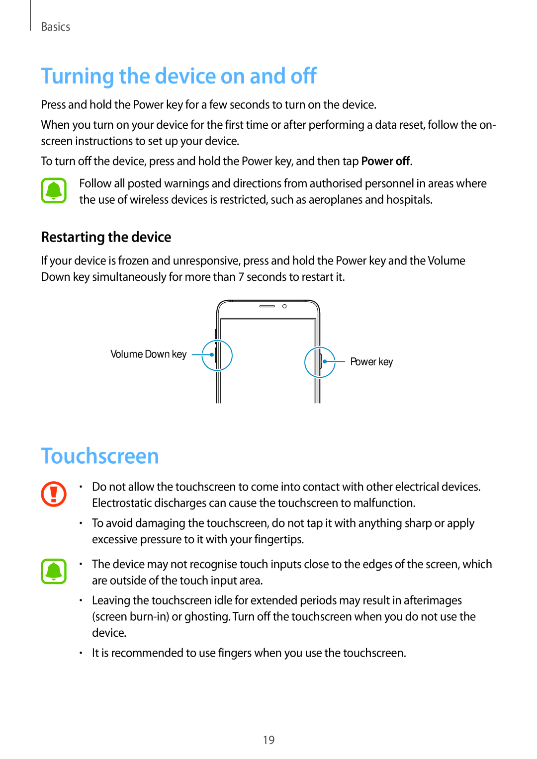 Samsung SM-A910FZDDXXV manual Turning the device on and off, Touchscreen, Restarting the device 