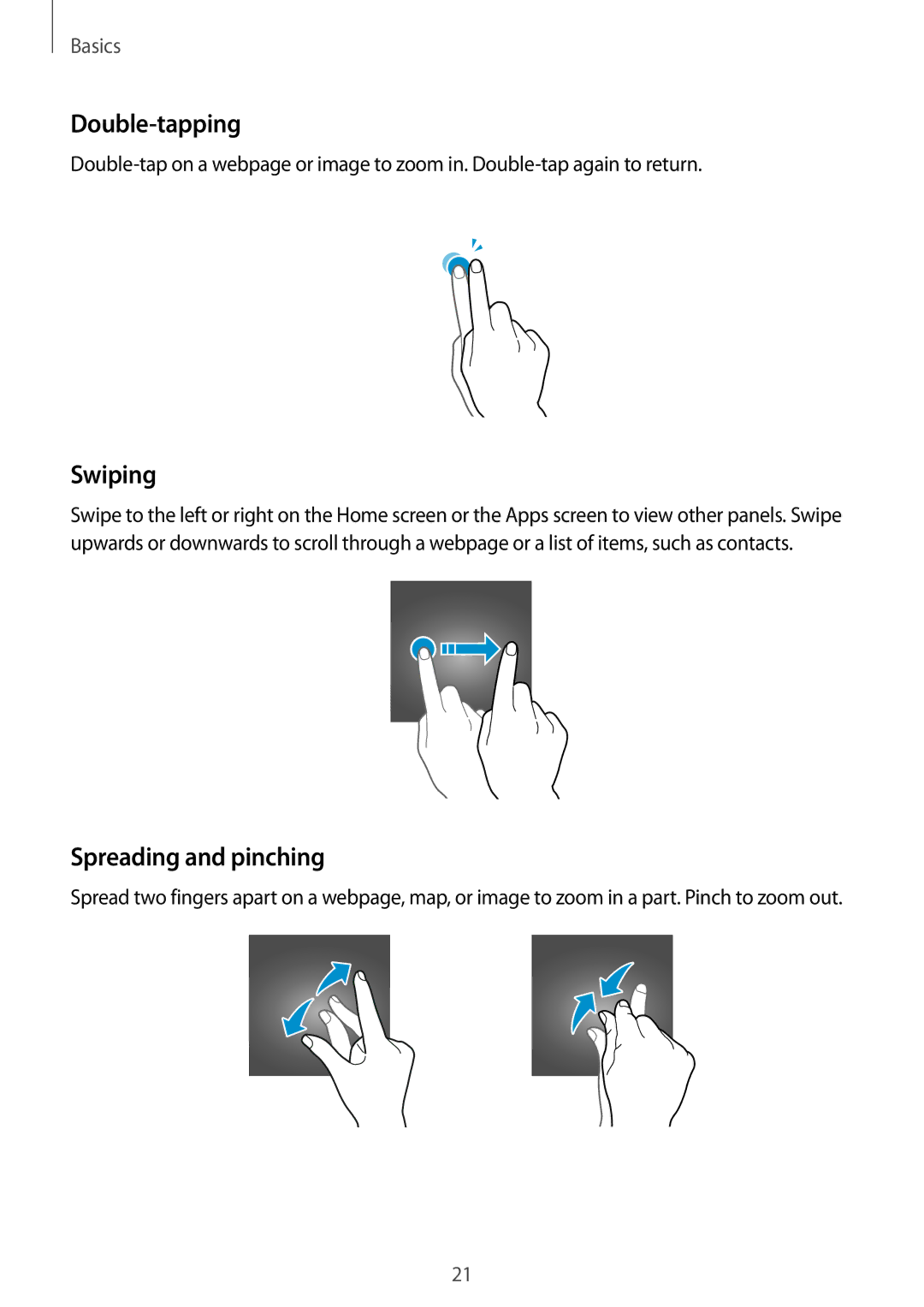 Samsung SM-A910FZDDXXV manual Double-tapping, Swiping, Spreading and pinching 