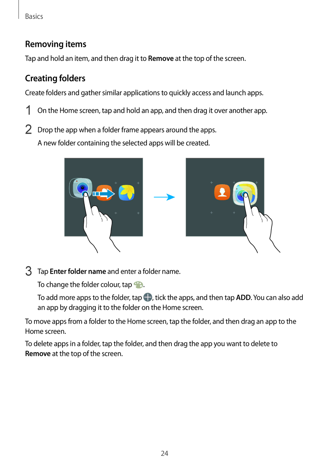 Samsung SM-A910FZDDXXV manual Removing items, Creating folders 