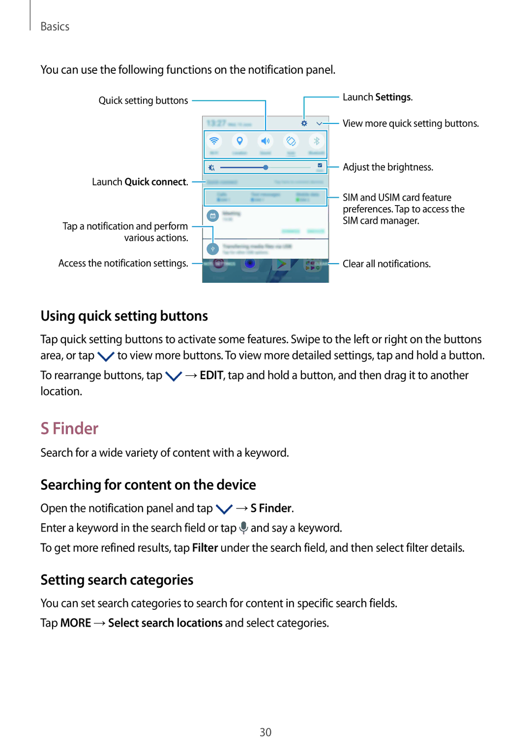 Samsung SM-A910FZDDXXV Finder, Using quick setting buttons, Searching for content on the device, Setting search categories 