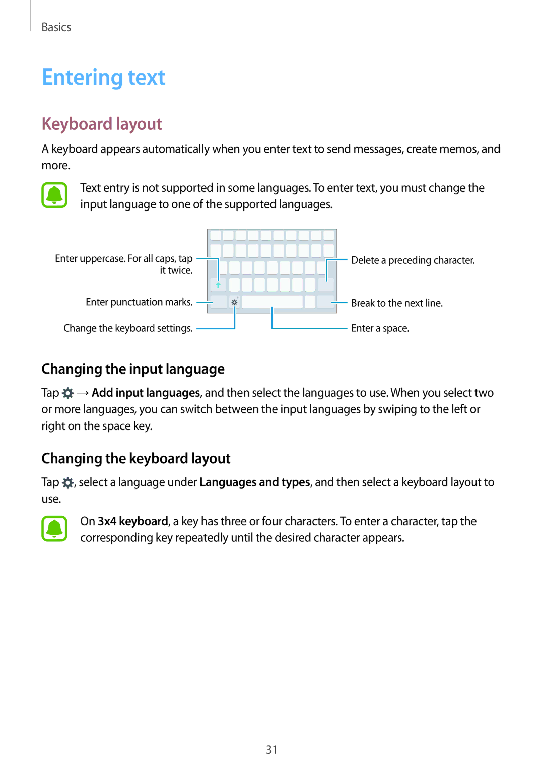 Samsung SM-A910FZDDXXV manual Entering text, Keyboard layout, Changing the input language, Changing the keyboard layout 